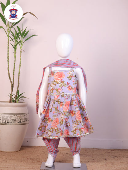 Lavendar - Floral Printed Dhoti Kurti Set With Dupatta