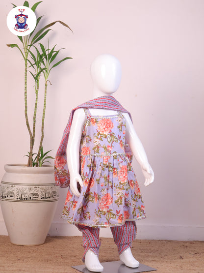 Lavendar - Floral Printed Dhoti Kurti Set With Dupatta