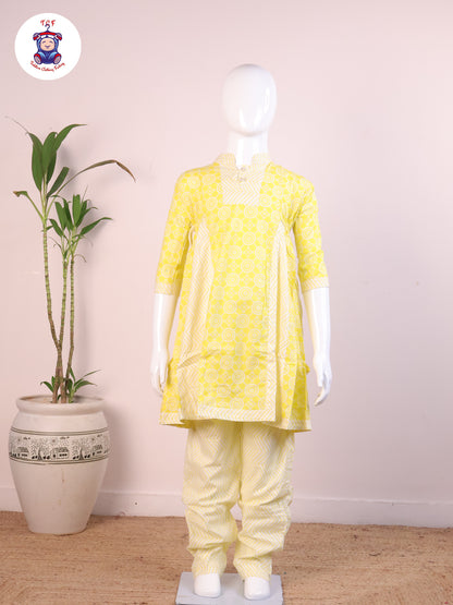 Yellow - Printed Umbrella Kurti Set