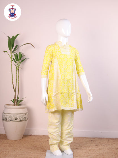 Yellow - Printed Umbrella Kurti Set