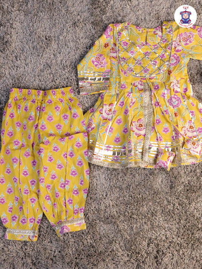 Yellow & Lavender - Floral Printed Afgani Kurti With Pant And Dupatta