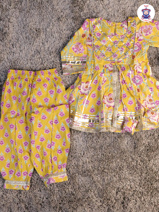 Yellow & Lavender - Floral Printed Afgani Kurti With Pant And Dupatta