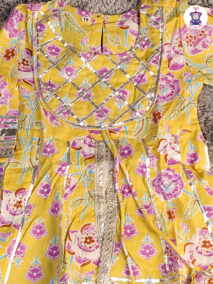 Yellow & Lavender - Floral Printed Afgani Kurti With Pant And Dupatta