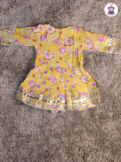 Yellow & Lavender - Floral Printed Afgani Kurti With Pant And Dupatta