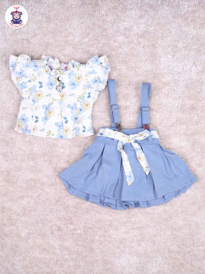 Light Blue & White - Floral Girls Suspender Skirts