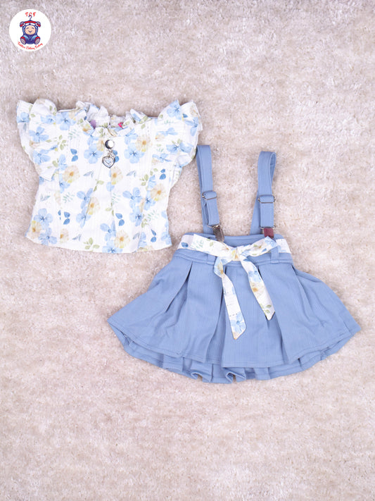 Light Blue & White - Floral Girls Suspender Skirts