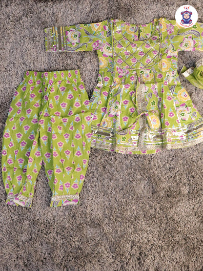 Light Green & Lavender - Floral Printed Afgani Kurti With Pant And Dupatta