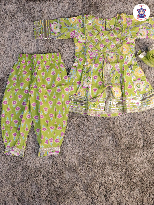 Light Green & Lavender - Floral Printed Afgani Kurti With Pant And Dupatta