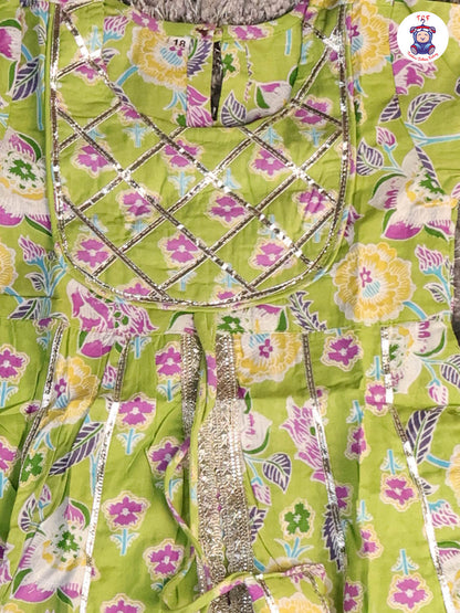 Light Green & Lavender - Floral Printed Afgani Kurti With Pant And Dupatta