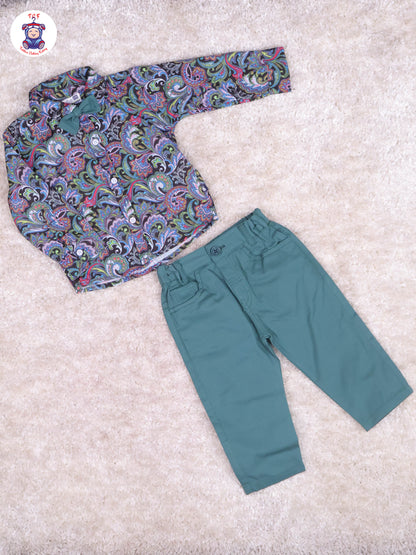 Light Green & Peacock - Printed Full Hand Shirt & Pant