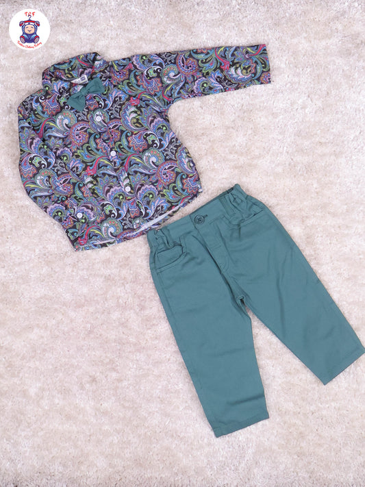 Light Green & Peacock - Printed Full Hand Shirt & Pant