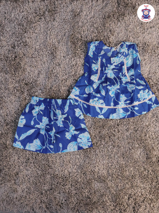 Blue - Printed Pure Cotton Top & Shorts