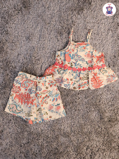 Cream & Peach  - Floral Printed Flared Strappy Top & Shorts