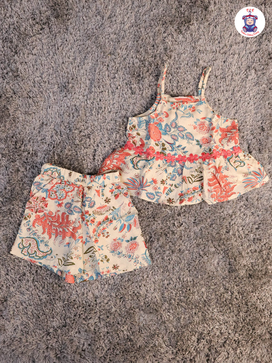 Cream & Peach  - Floral Printed Flared Strappy Top & Shorts