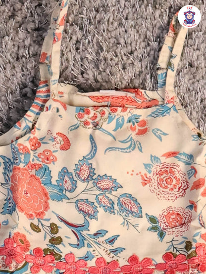 Cream & Peach  - Floral Printed Flared Strappy Top & Shorts