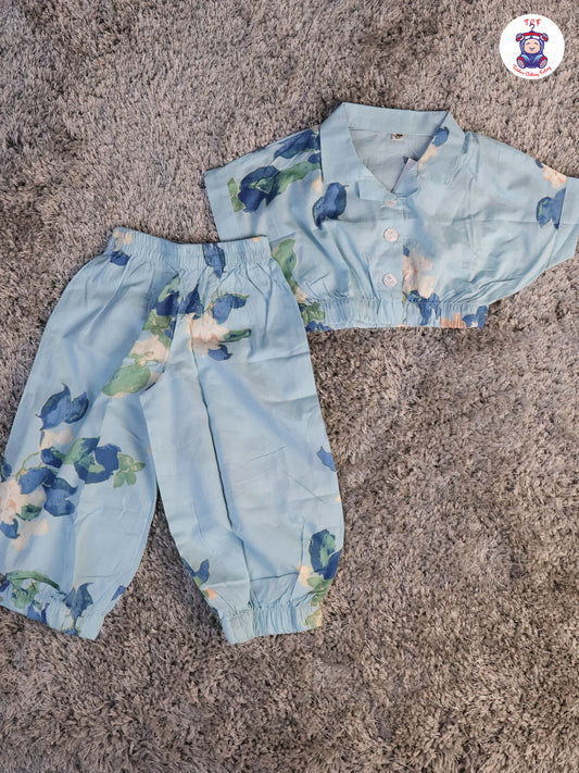 Sky Blue - Floral  Crop Top & Pant