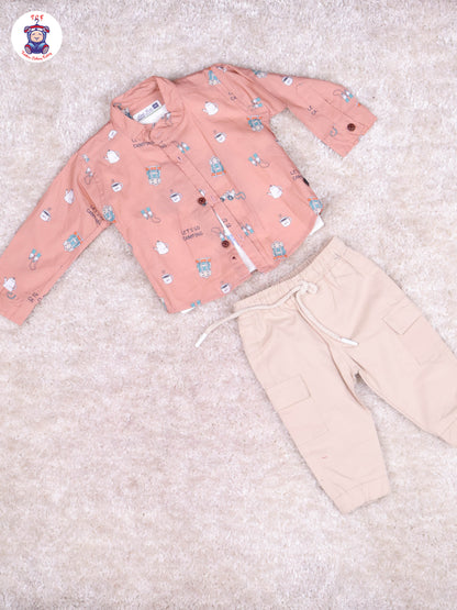 Peach & Sandal Full Hand Shirt with t-Shirt & Pant