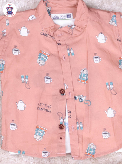 Peach & Sandal Full Hand Shirt with t-Shirt & Pant