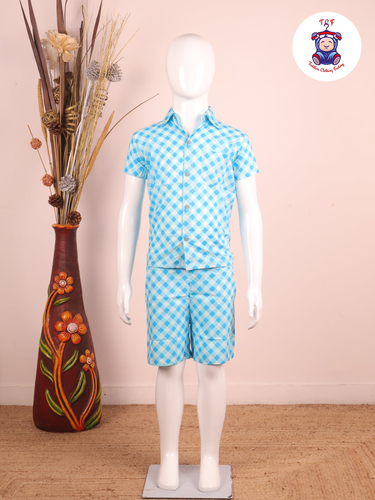 Sky Blue - Box Printed Spread Collor Shirt With Shorts