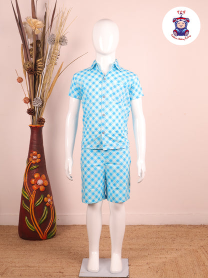 Sky Blue - Box Printed Spread Collor Shirt With Shorts