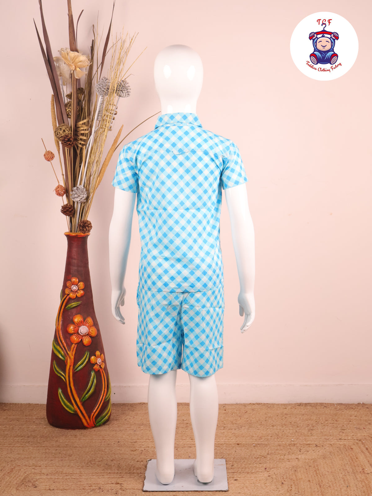 Sky Blue - Box Printed Spread Collor Shirt With Shorts