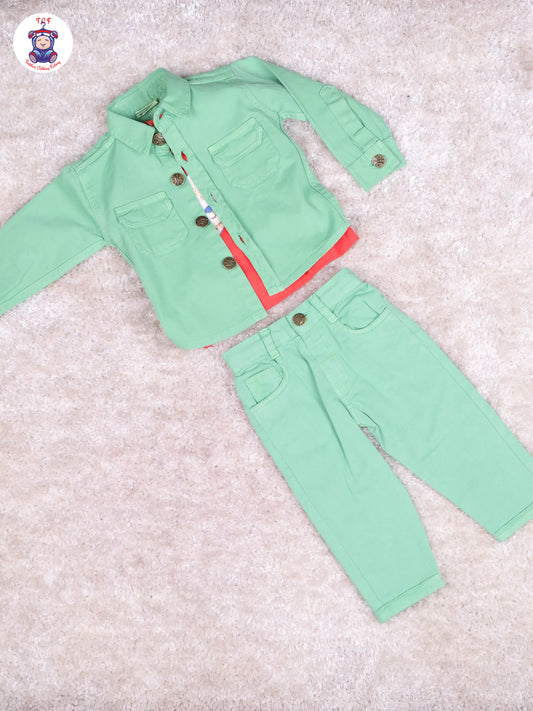 Dark Green & Red - Tshirt With Overcoat & Pant