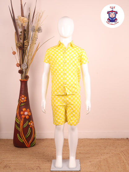 Lime Yellow - Box Printed Spread Collor Shirt With Shorts