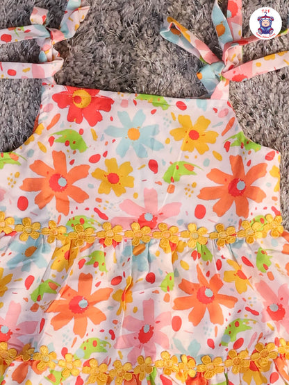 Rainbow & White - Floral Printed Flared Knot Frocks