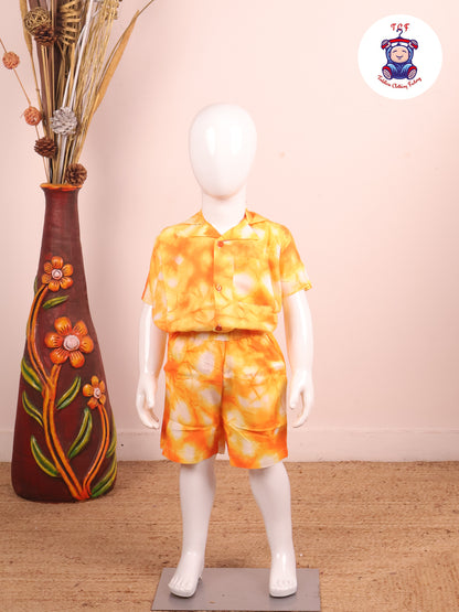 Orange - Dye Printed Notched Collor Shirt With Shorts