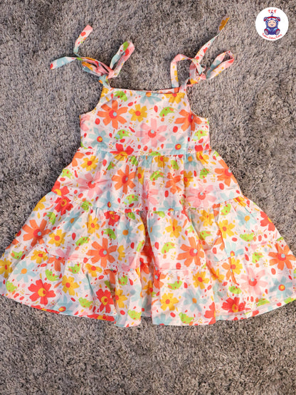 Rainbow & White - Floral Printed Flared Knot Frocks