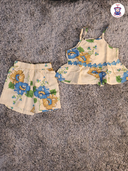 Cream & Blue - Floral Printed Flared Strappy Top & Shorts