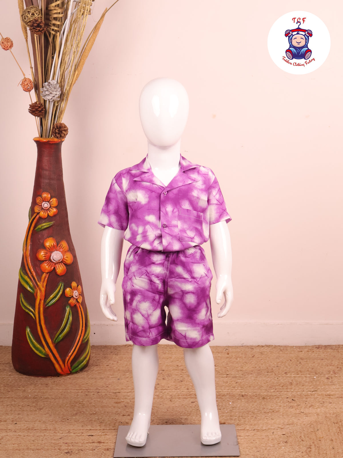 Purple - Dye Printed Notched Collor Shirt With Shorts