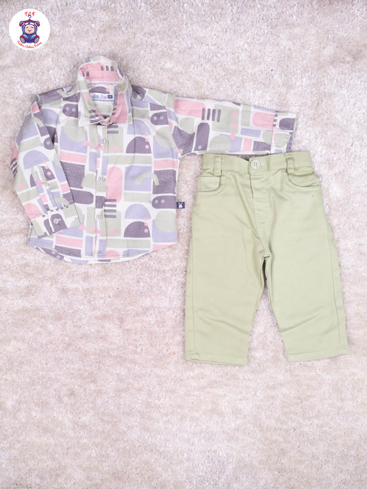 Light Green & Grey - Printed Full Hand Shirt With Plain Pant