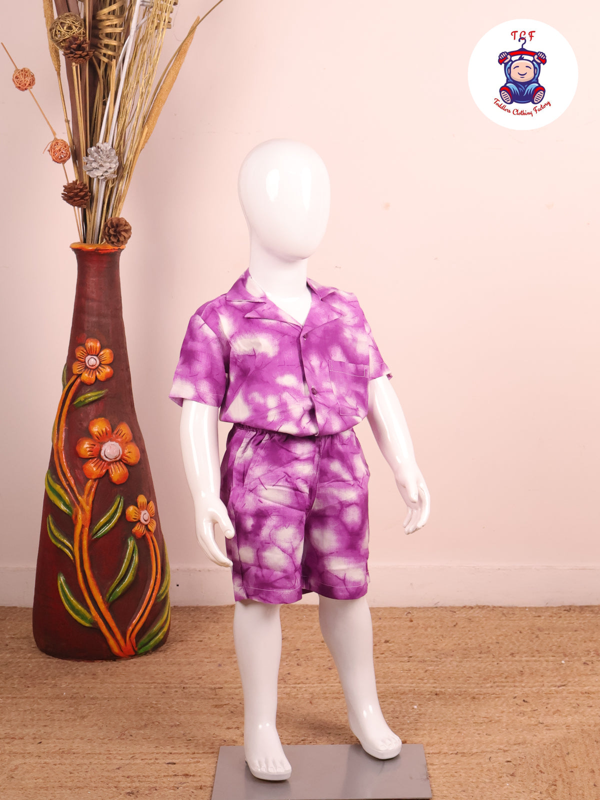 Purple - Dye Printed Notched Collor Shirt With Shorts