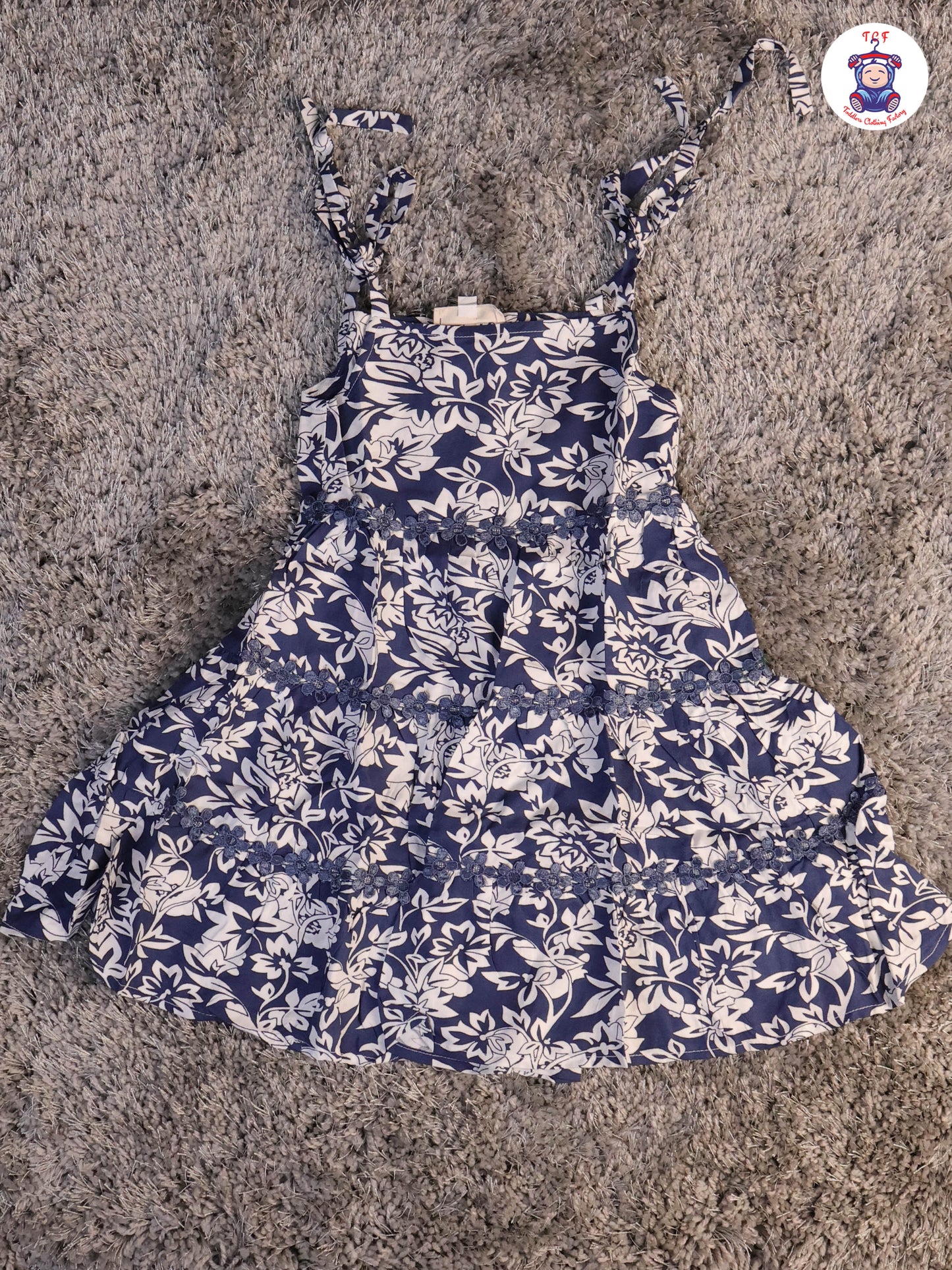 Navy Blue & White - Floral Printed Flared Knot Frocks