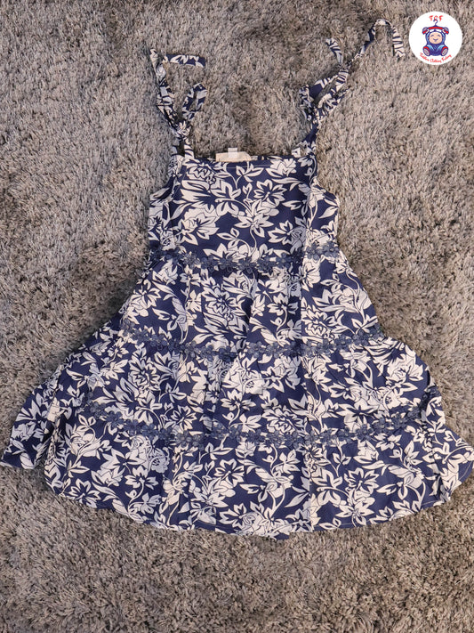 Navy Blue & White - Floral Printed Flared Knot Frocks