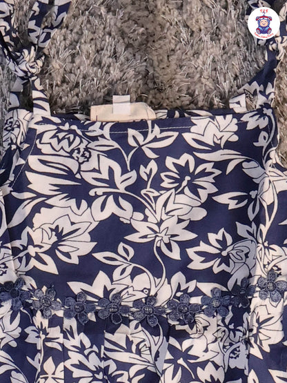Navy Blue & White - Floral Printed Flared Knot Frocks