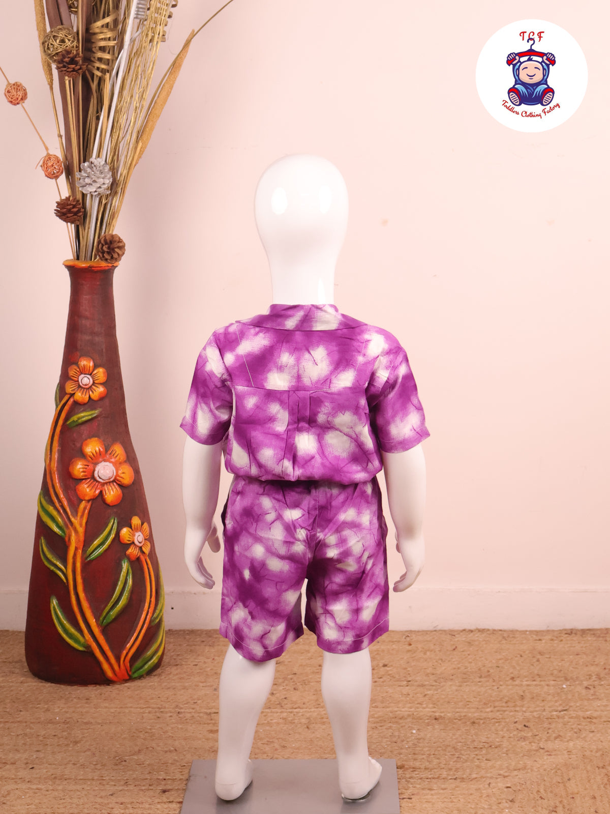 Purple - Dye Printed Notched Collor Shirt With Shorts