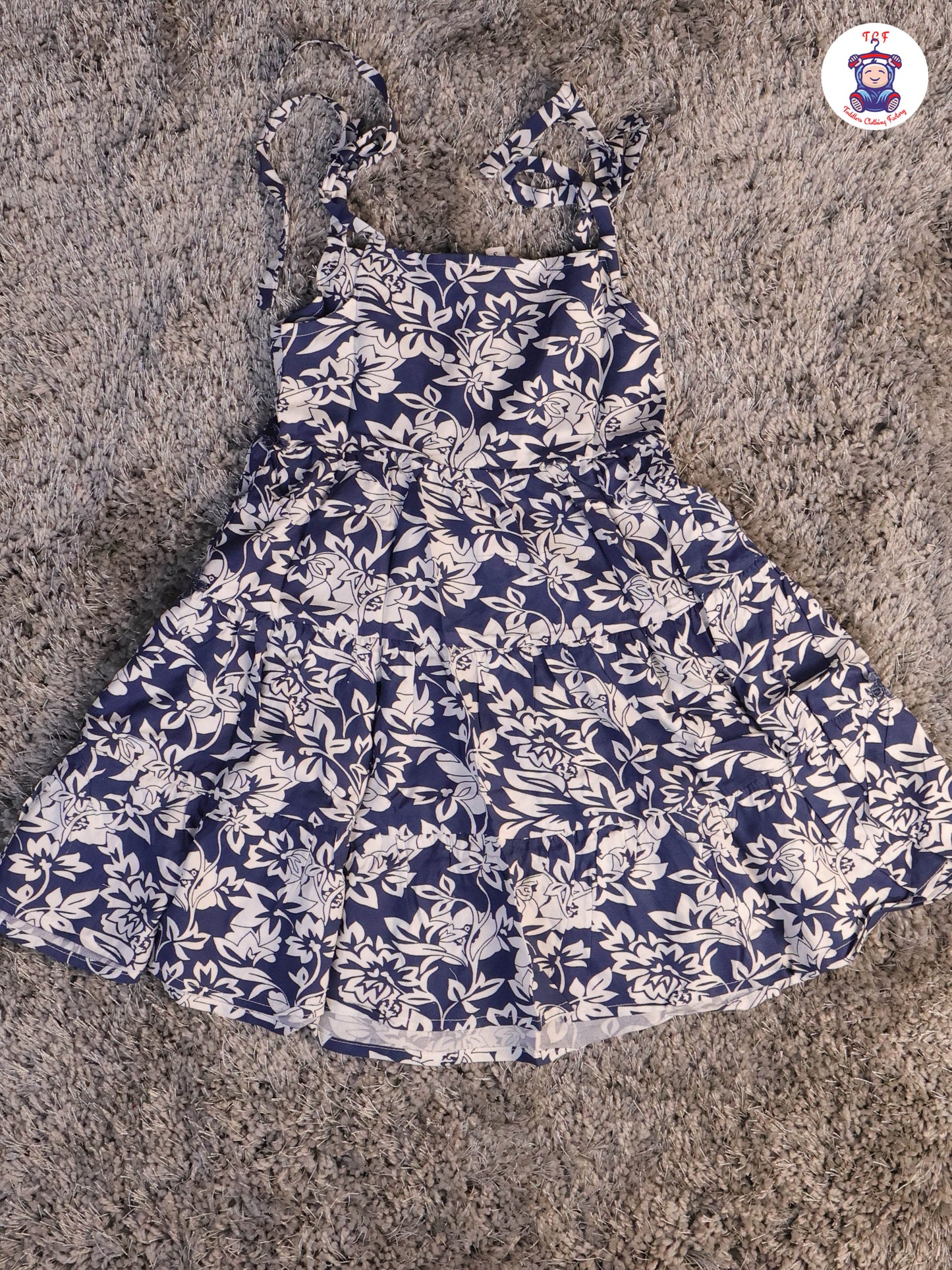 Navy Blue & White - Floral Printed Flared Knot Frocks