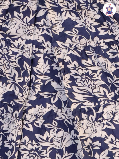 Navy Blue & White - Floral Printed Flared Knot Frocks