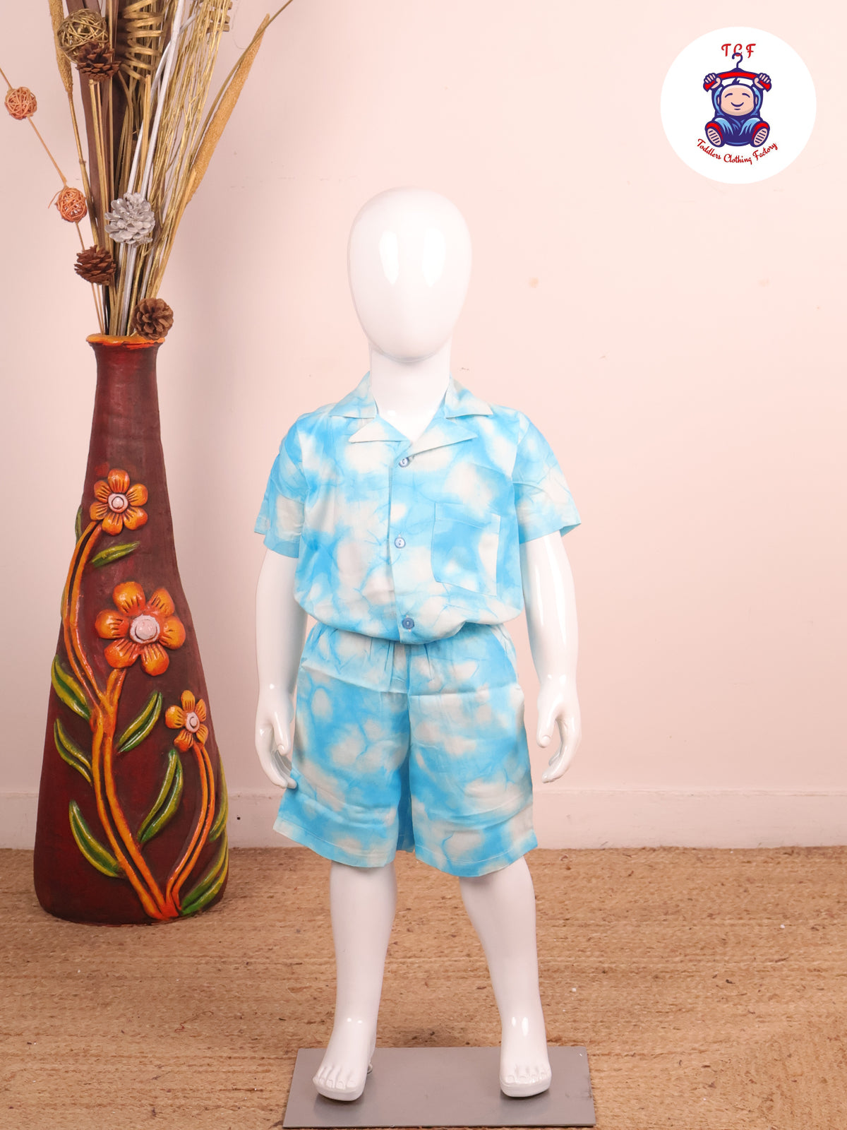 Sky Blue - Dye Printed Notched Collor Shirt With Shorts