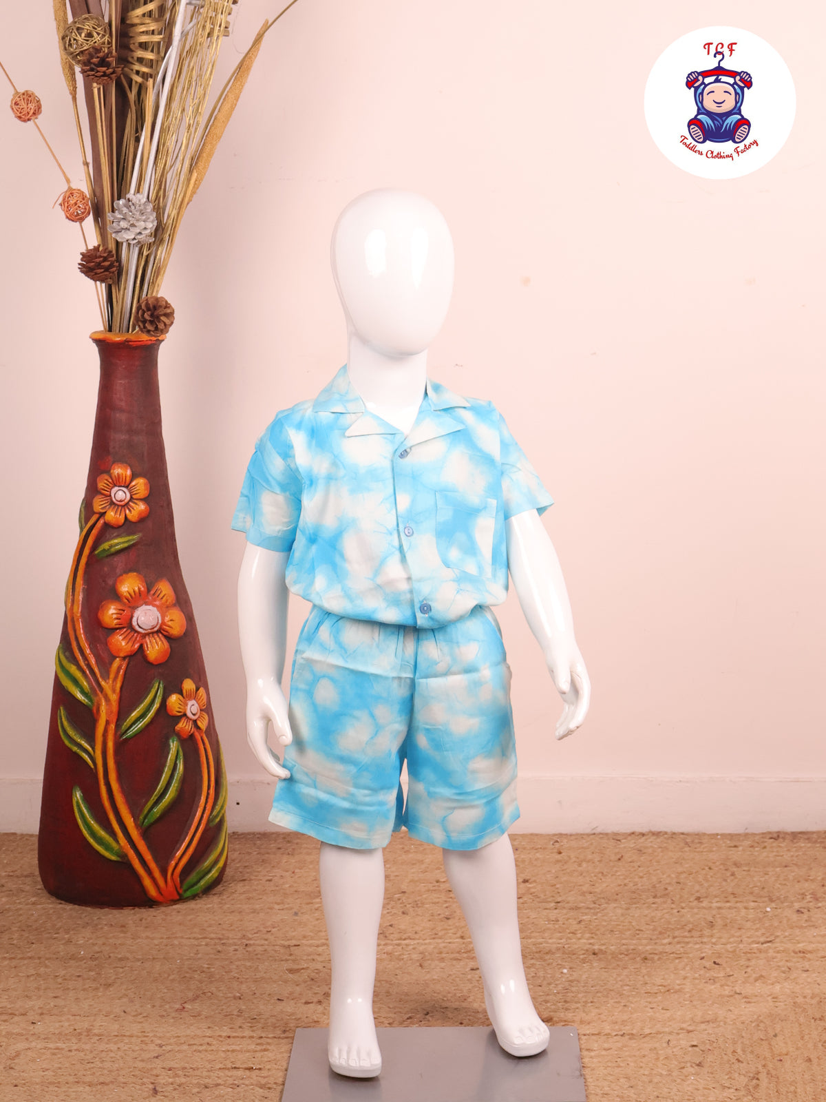 Sky Blue - Dye Printed Notched Collor Shirt With Shorts