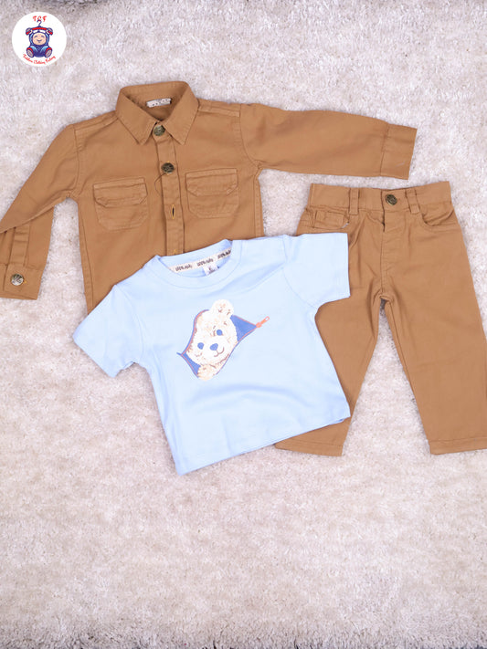Brown & Blue - Tshirt With Overcoat & Pant