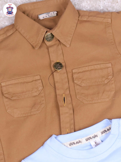 Brown & Blue - Tshirt With Overcoat & Pant