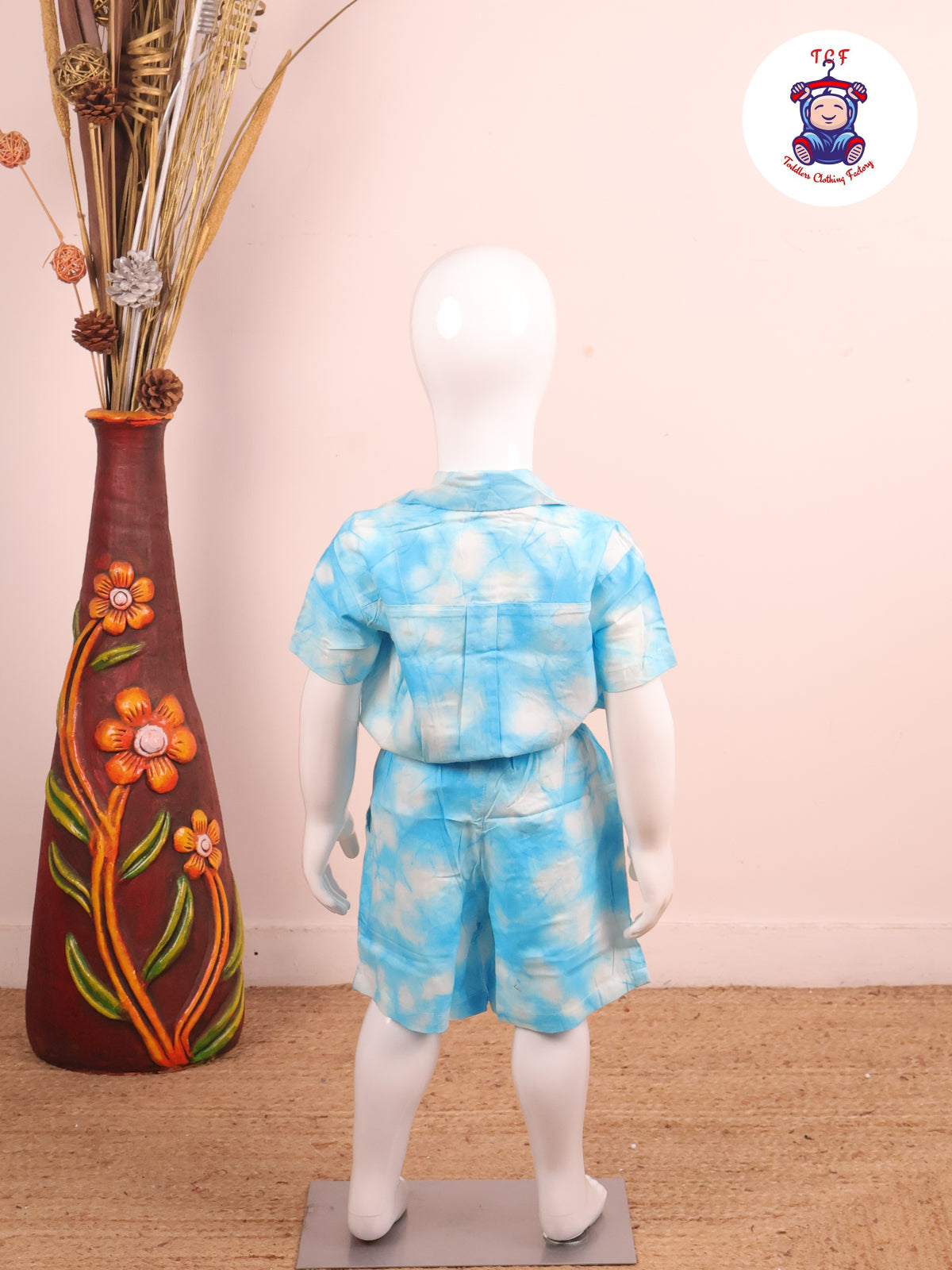 Sky Blue - Dye Printed Notched Collor Shirt With Shorts