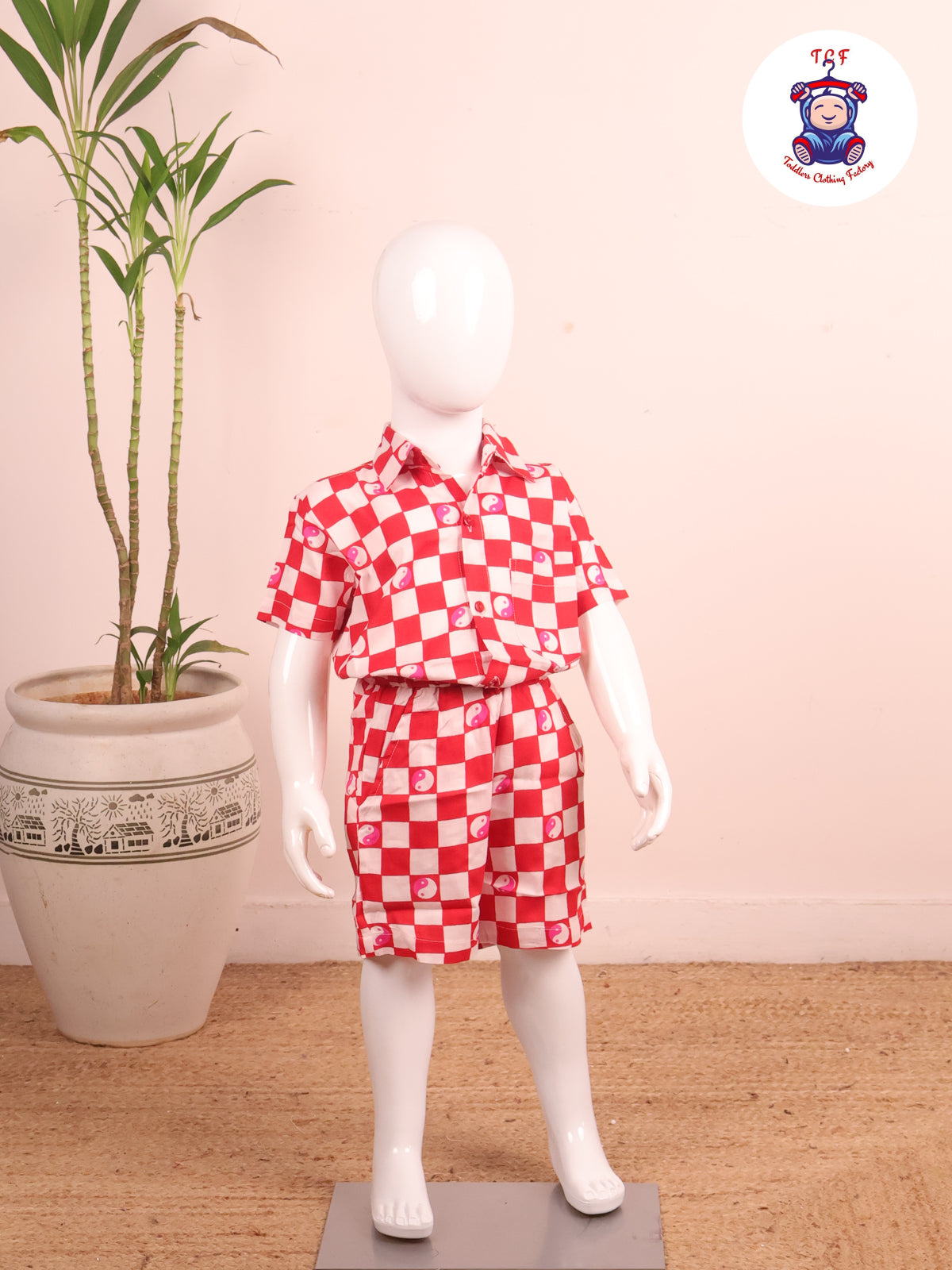 Red - Box Printed Spread Collor Shirt With Shorts
