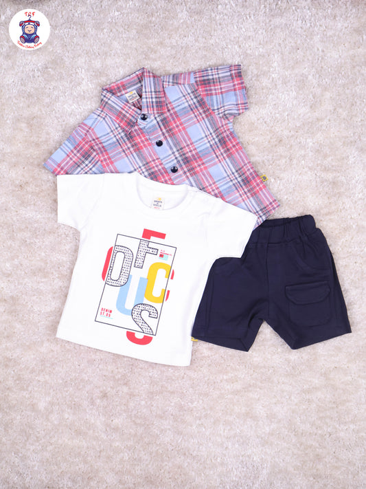 Light Blue Check & White - T-Shirt With Navy Blue Shorts