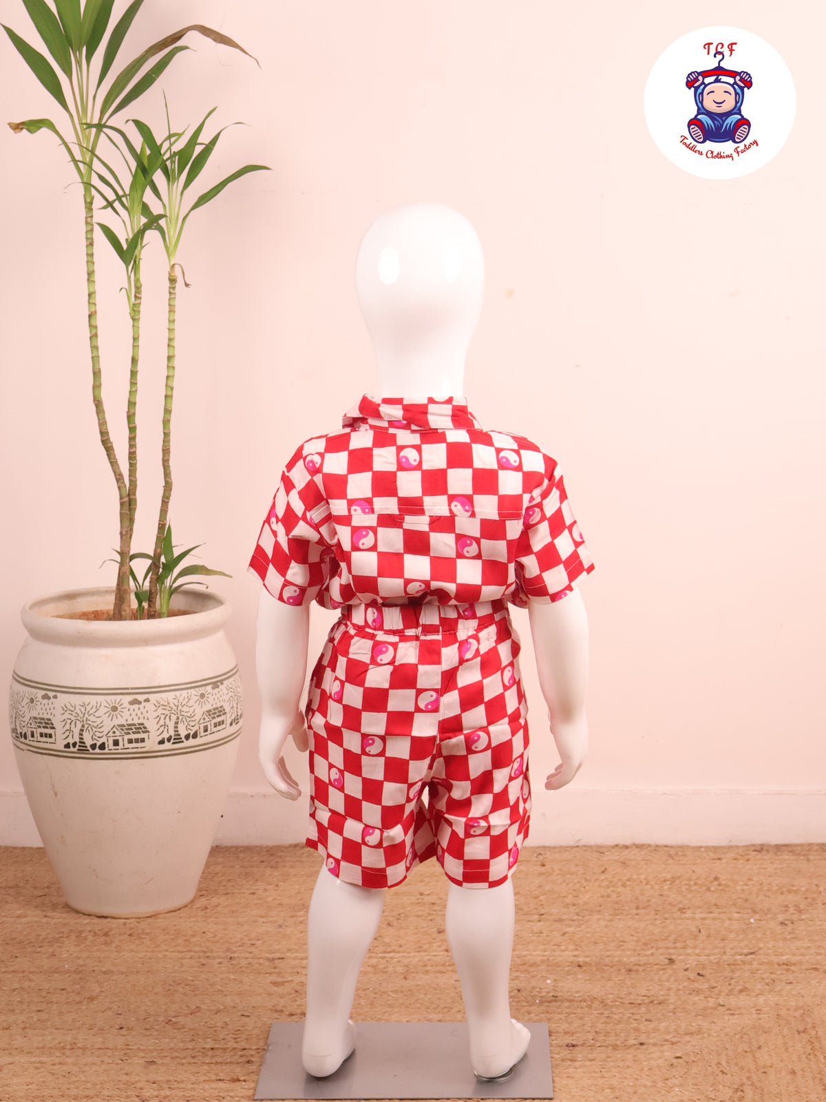 Red - Box Printed Spread Collor Shirt With Shorts