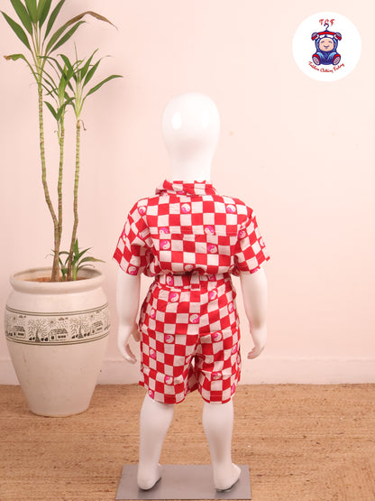 Red - Box Printed Spread Collor Shirt With Shorts