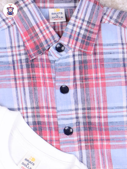 Light Blue Check & White - T-Shirt With Navy Blue Shorts